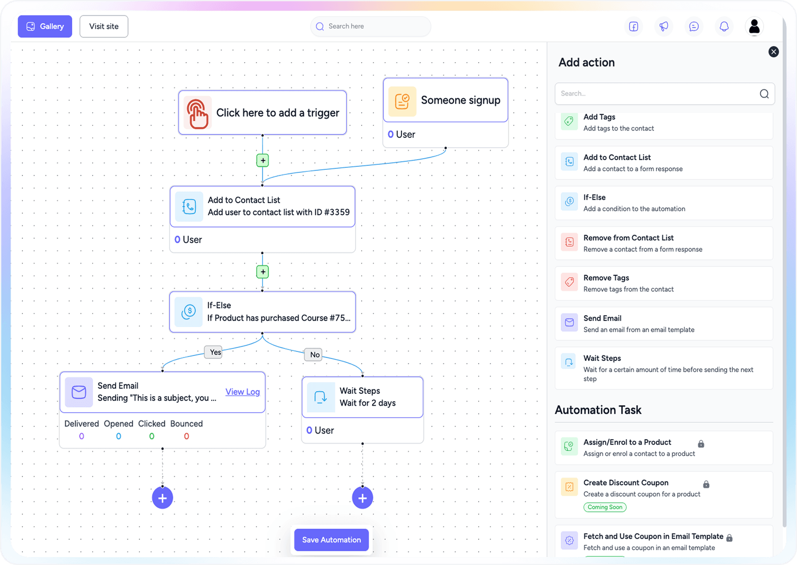 EzyCourse email automation preview